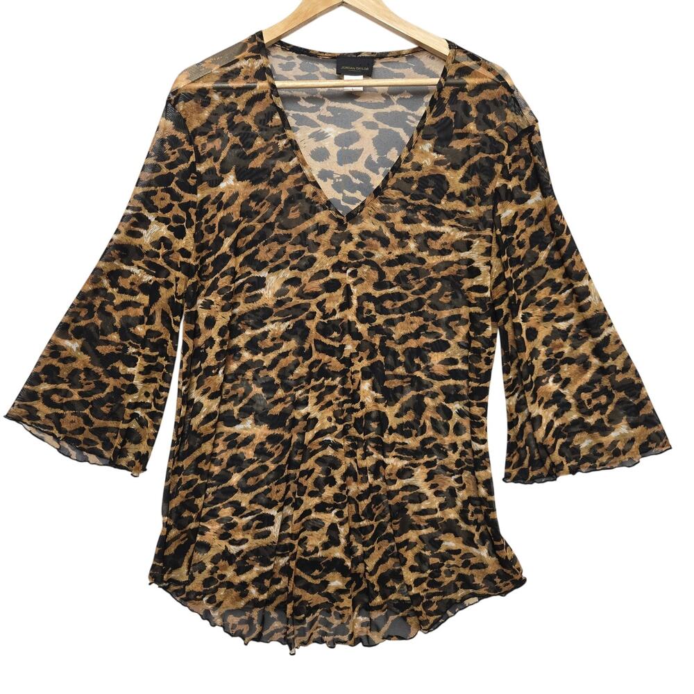 Jordan Taylor Womens Vtg 90s Y2K Maximal Sheer Leopard Mesh Tunic Top Cover Up L